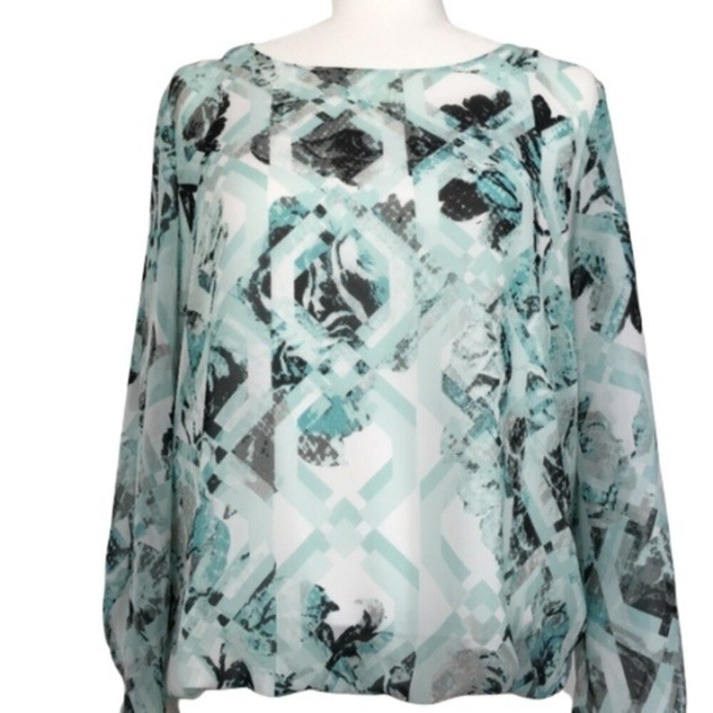 Alfani Chiffon Blue Gray Goemetric Print Blouse